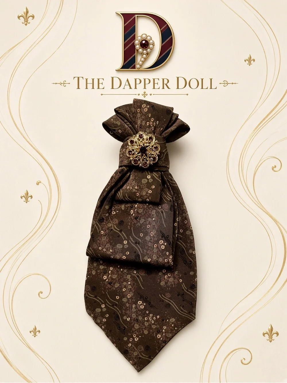 Women’s Necktie Brown Decorative with Brooch